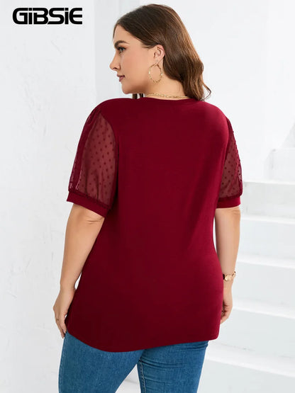 GIBSIE Plus Size Solid V-neck Swiss Dot Puff Short Sleeve T Shirt Women 2023 Fashion Summer Loose Casual Female T-Shirts Tops