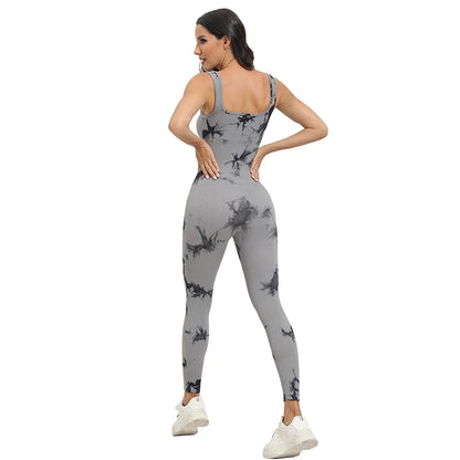 Tie-Dye Women's Yoga Ribbed One-Piece Tank Top Jumpsuit Sleeveless Sports Jumpsuit