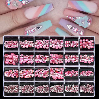 2200-2500Pcs Luxury Shiny Pink Diamond Nail Art Rhinetone 18Grids Mixed-Shape Crystal+ss4-ss16 Mini Round Diamond Box Nail Glass