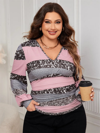 GIBSIE Plus Size Autumn Women's Shirt 2024 New Fashion V-neck Sequined Tops Long Sleeve Office Ladies Elegant Ruched Blouses