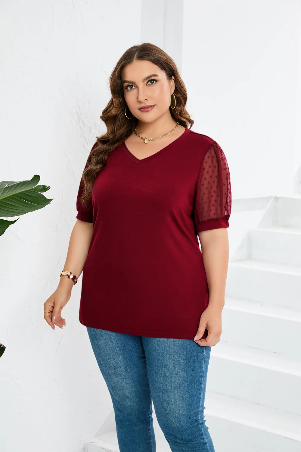 GIBSIE Plus Size Solid V-neck Swiss Dot Puff Short Sleeve T Shirt Women 2023 Fashion Summer Loose Casual Female T-Shirts Tops