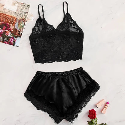 2024 Summer 2 Pcs Women's New Sexy Lace See-Through Pajamas Black Pink Cute Clothes Comfortable Breathable Suspender Shorts Set