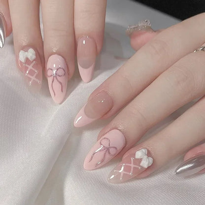 24Pcs Pink French Press on Nails 3D Bow Flower Pearl Design False Nails Short Almond Fake Nails Wearable Full Cover Nail Tips