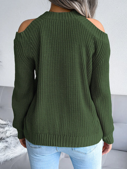 Autumn Winter Casual Solid Color Crew Neck Off Shoulder Long Sleeve Knitted Pullover For Women Sweater Top