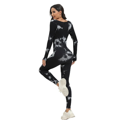 Tie Dye Women's Yoga Bodysuit Fitness Ribbed Long Sleeve Exercise Bodysuit