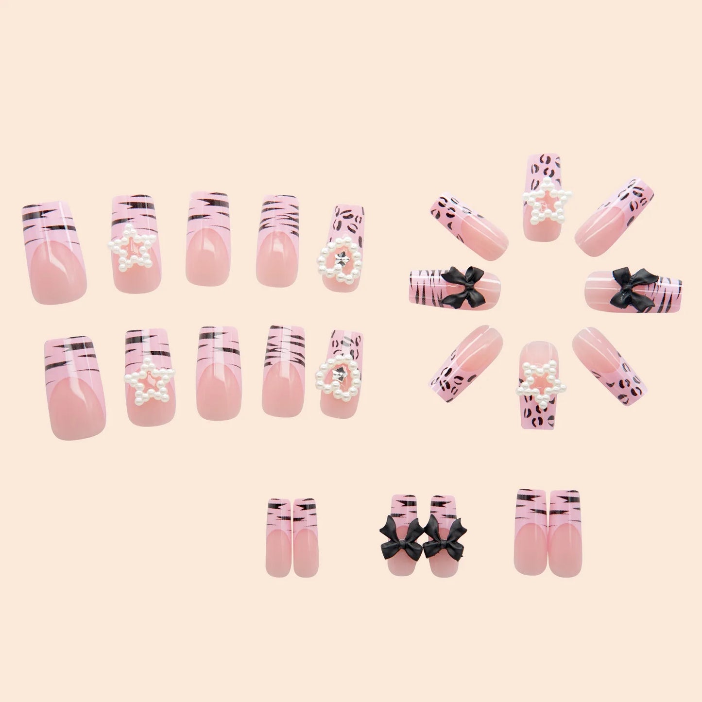 24Pcs French False Nails Pink Zebra Pattern Press on Nails Medium Square Coffin False Nails Y2k Artificial Full Cover Nail Tips