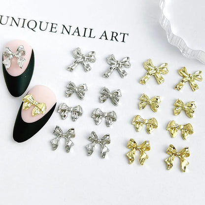 20pcs Metal Alloy Nail Charms Flatback Gold Silver Bowknot Nail Art Decorations DIY for Acrylic Nail Supplies Accessories