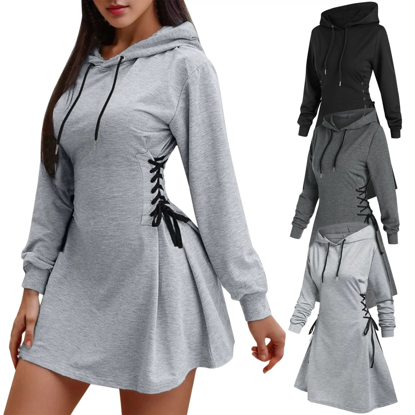 Women Tie Waist Mini Dress Hoodies V Neck Long Sleeves Slim Fit Hoodies Sweatshirts Ladies Fashion Long Solid Drawstring Hoodies