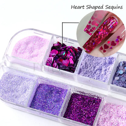 12 Grids Purple Nail Glitter Holographic Fine Sugar Nail Powder Mixed Heart Hexagon Paillette Nail Flakes Shiny Manicure Decor