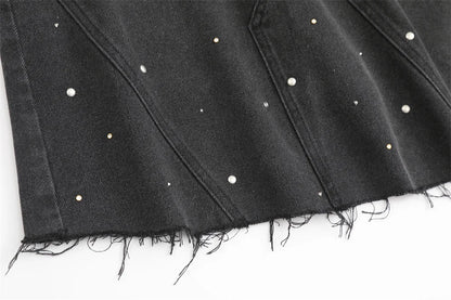 GIBSIE Plus Size Black rivet diamond denim skirt Women's summer high waist korean retro a-line bodycon raw hem mini skirts