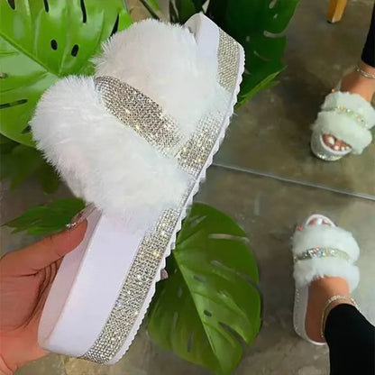 2024Summer Women Casual Slippers Luxury Rhinestone Suede Platform Flats Indoor Outdoor Comfortable FemaleSlippers Chanclas Mujer