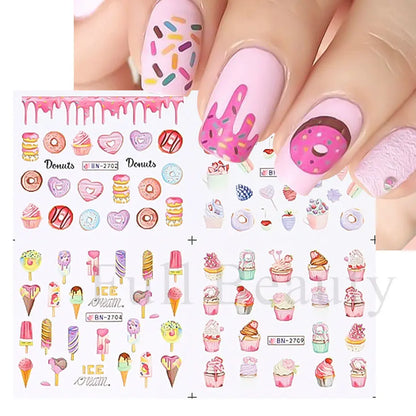 Sweet Desserts Nail Art Water Transfer Decals Stickers Mix Macaron Cake Candy Drink Ice Cream Cartoon Sliders Wholesale LABN2701