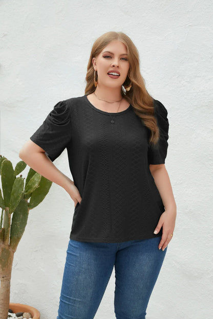 GIBSIE Plus Size Solid O-Neck Leg of Mutton Sleeve Blouse Women Fashion 2023 New Summer Office Casual Women's Blouses Tops