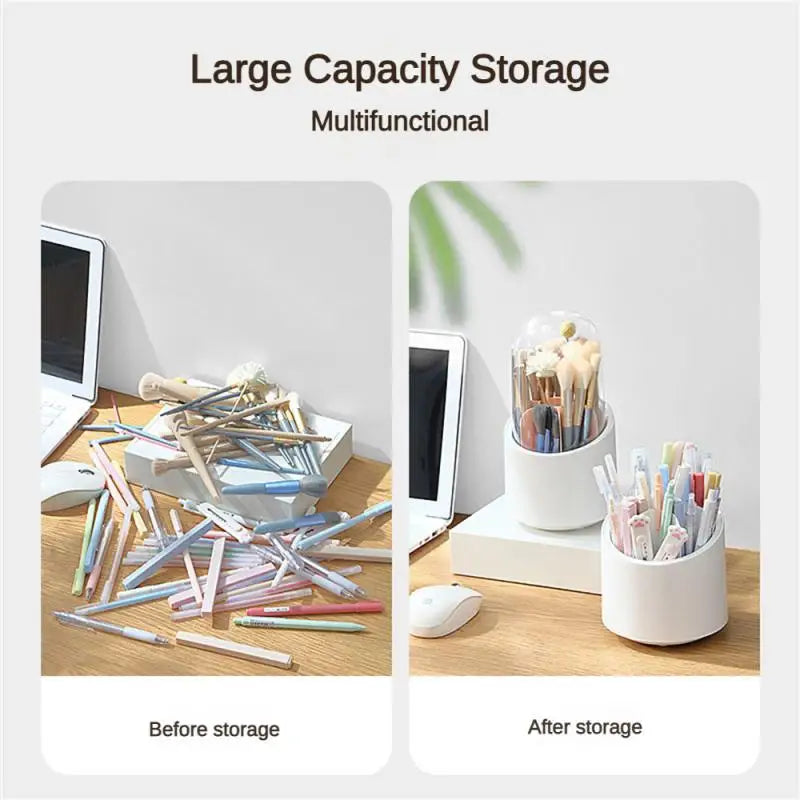 Desktop Makeup Brush Storage Bucket Cup Holder With Lid Rotating Makeup Lipstick Cosmetic Storage Box Organizer Tube Transparent