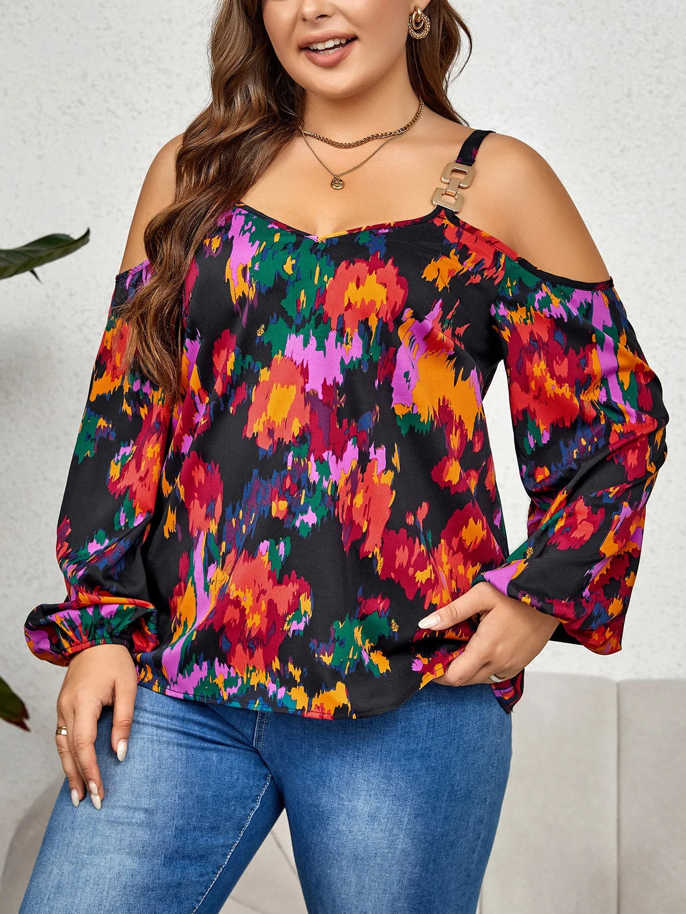 GIBSIE Plus Size Cold Shoulder V Neck Long Sleeve Print Blouses Women Fashion 2023 Spring Fall Sweet Casual Blouse Top Shirt