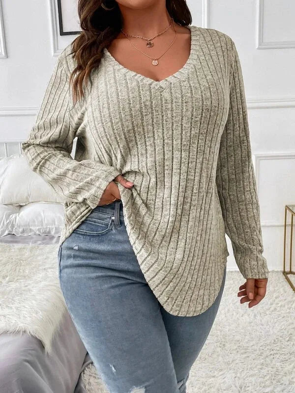 GIBSIE Plus Size Women's Casual V-Neck Long Sleeve Tees Shirt 2024 Spring Autumn Fashion Loose Ribbed Knit Tops for Women