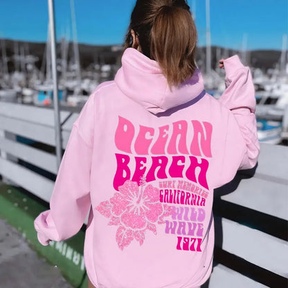 Women Fashion Casual Hoodies Ocean Beach Flower Slogan Front and Back Pink Sweatshirts Beach Aesthetic Pullover Trip Hoodie Tops