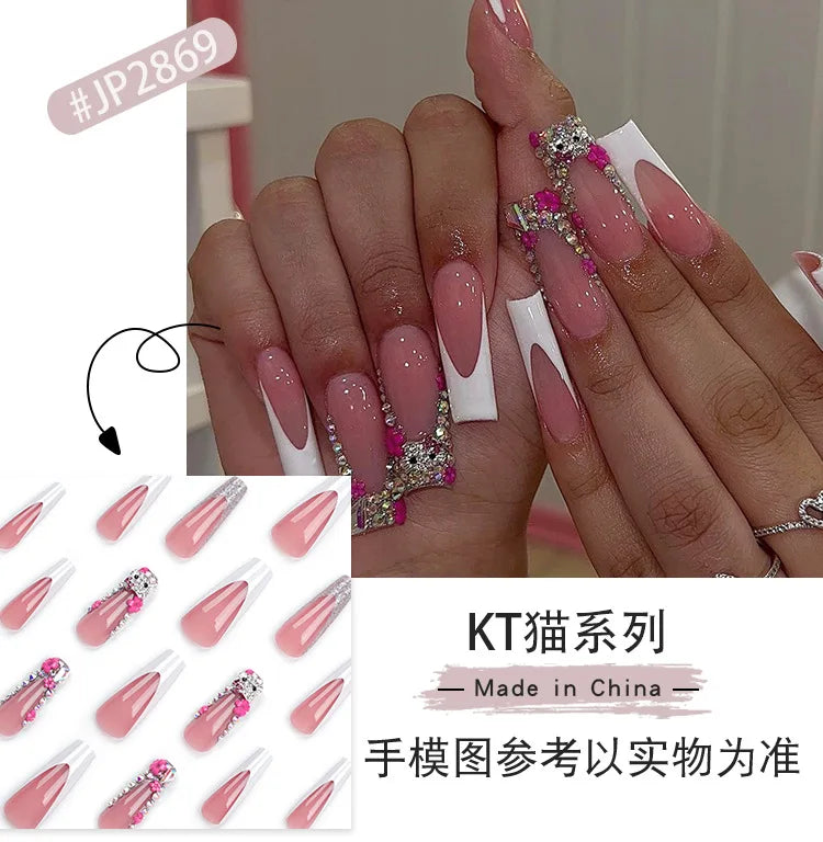 24Pcs/set Y2K Fake Nail Art with Hellokitty Rhinestone French White Edge Design Wearable Long Fasle Nail Tips Manicure Patch