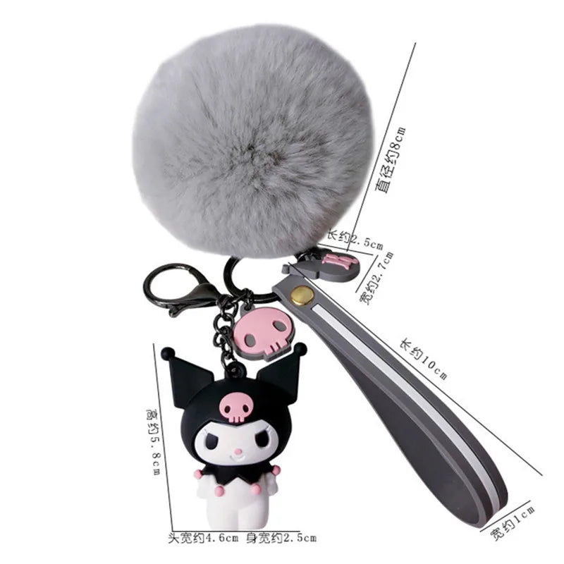 Hello Kitty Sanrio Kuromi Penguin Frog Dog Cat Cute Keychains with Fluffy Rabbit Fur Ball Women Girl Bag Pendant Keyring Gifts