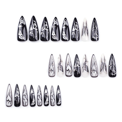 24Pcs Long Stiletto Fake Nails Hot Black Cool Almond False Nails with Butterfly Pearl Full Cover Artificial Tips Nails Press On