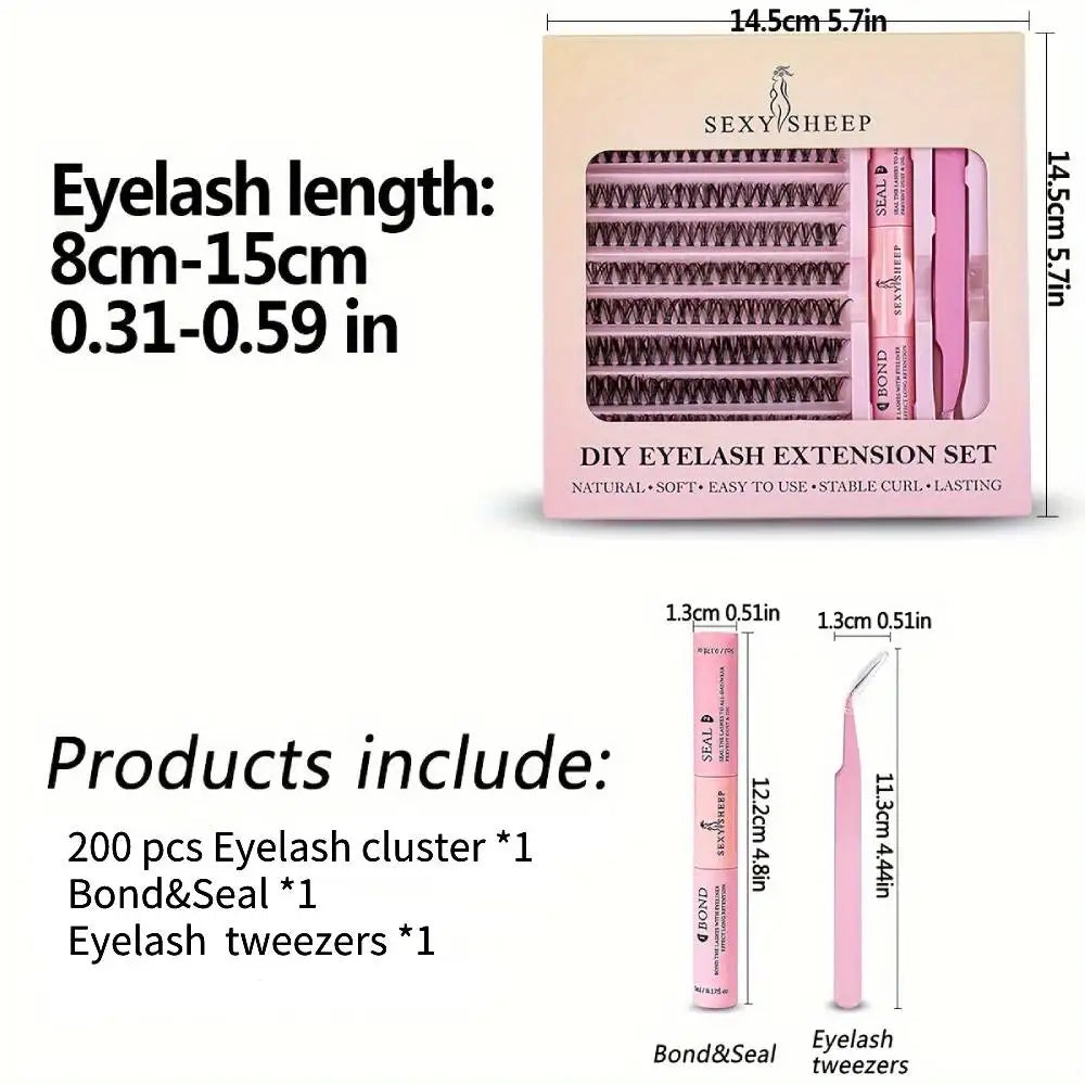 200 pcs DIY Lash Extension Kit Cluster Eyelash with tweezers with Lash Bond and Seal Lash Glue and Lash Applicator Makeup Tool