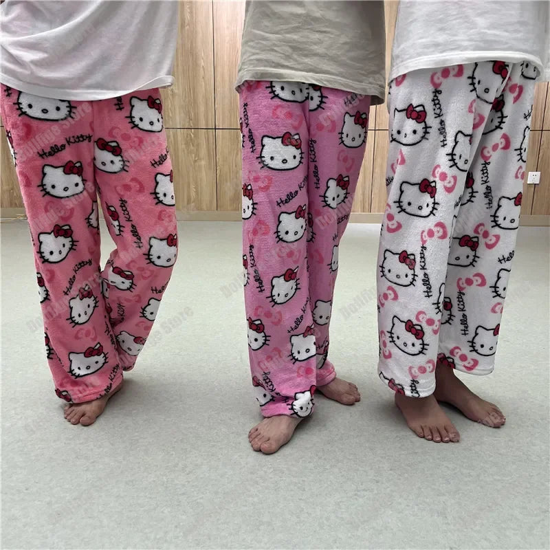 Sanrio Christmas Hello Kitty Pajamas Halloween Flannel Fashion Trouserswomen Kawaii Woolen Anime Cartoon Casual Home Pant Autumn