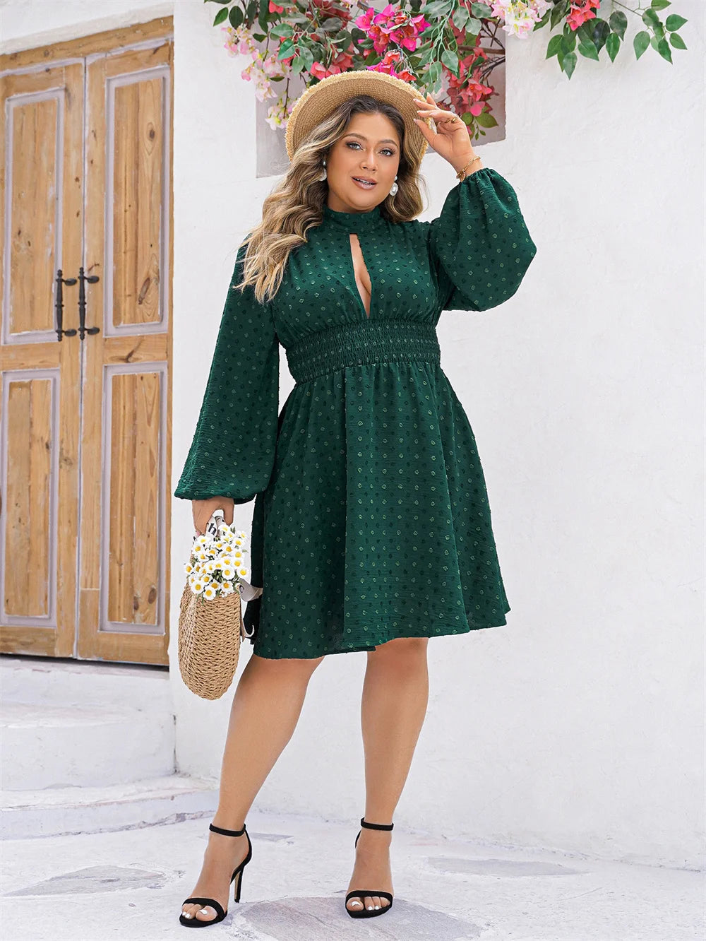 GIBSIE Plus Size Swiss Dot Cutout Mock Neck Dress Women 2024 Spring Summer Boho Long Sleeve Elastic Waist Short A-Line Dresses