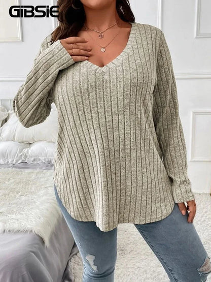 GIBSIE Plus Size Women's Casual V-Neck Long Sleeve Tees Shirt 2024 Spring Autumn Fashion Loose Ribbed Knit Tops for Women