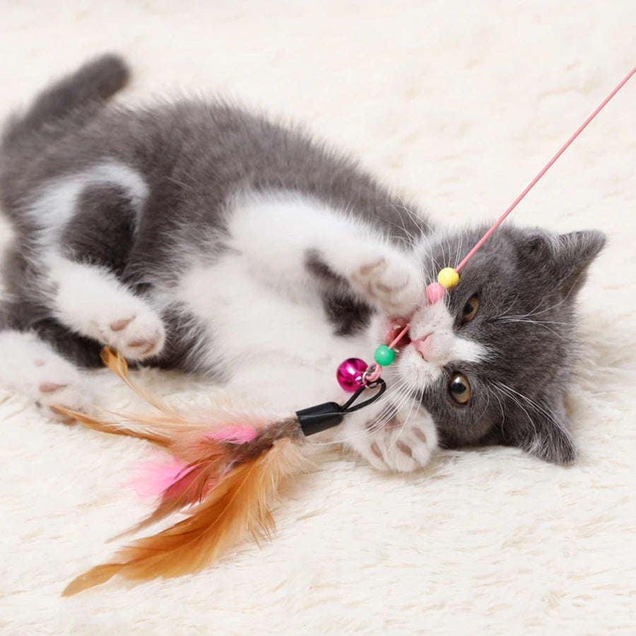 1pc Pet Teaser Cat Toy Steel Wire Feather Interactive Cat Stick Training,Kitten Wand Toys with Beads Bells