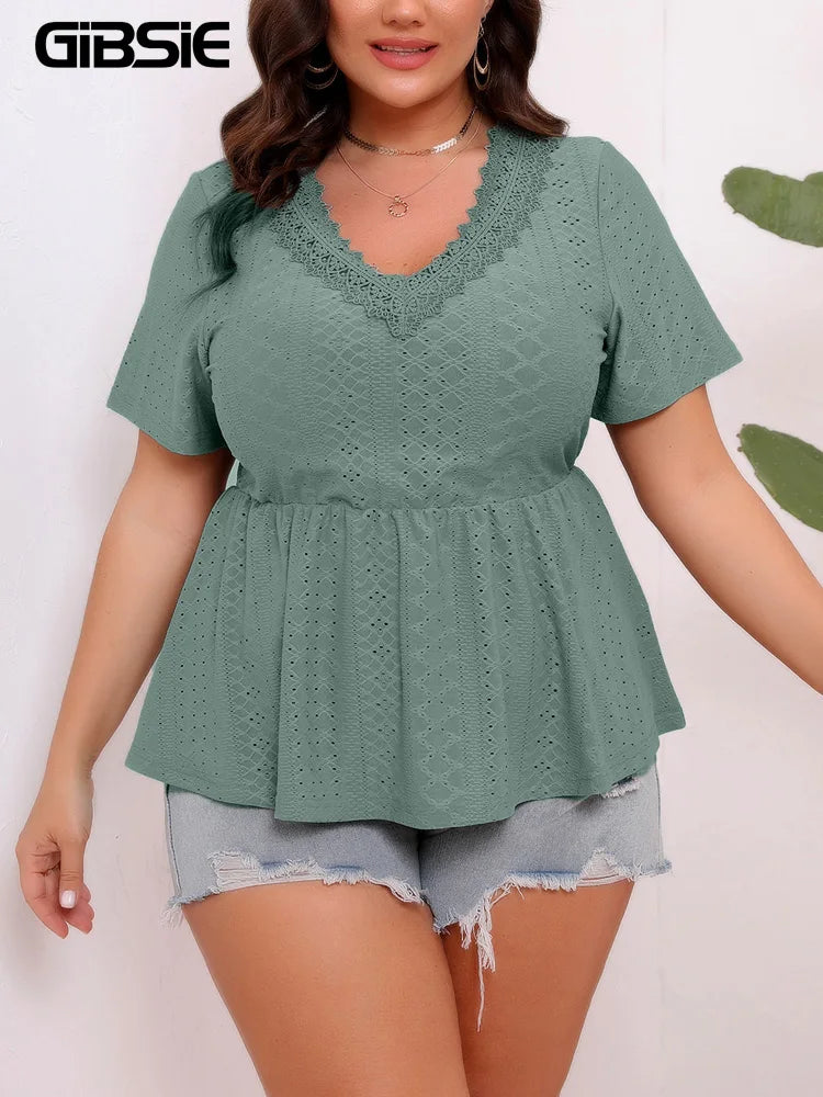 GIBSIE Plus Size Summer New Splicing Lace V-neck Peplum Blouse Women Fashion Short-sleeved  Female Casual Boho Tops and Blouses