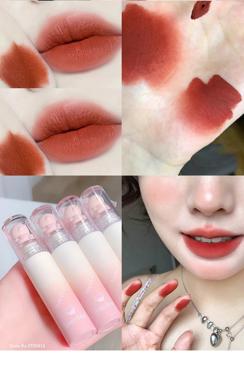 Pink Bear Lip Glaze Mousse Matte Liquid Lipstick Cute Bear Waterproof Velvet Nude Brown Red Lip Mud Cheek Rouge Tint Cosmetics