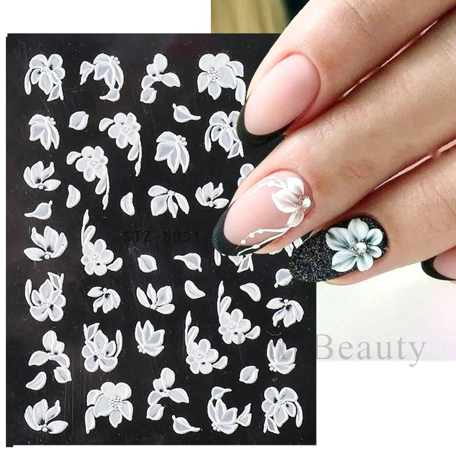 5D Pink Embossed Flowers Nail Sticker White Acrylic Lace Butterfly Adhesive Sliders Elegant Nail Art Decorations LASTZ-5D53