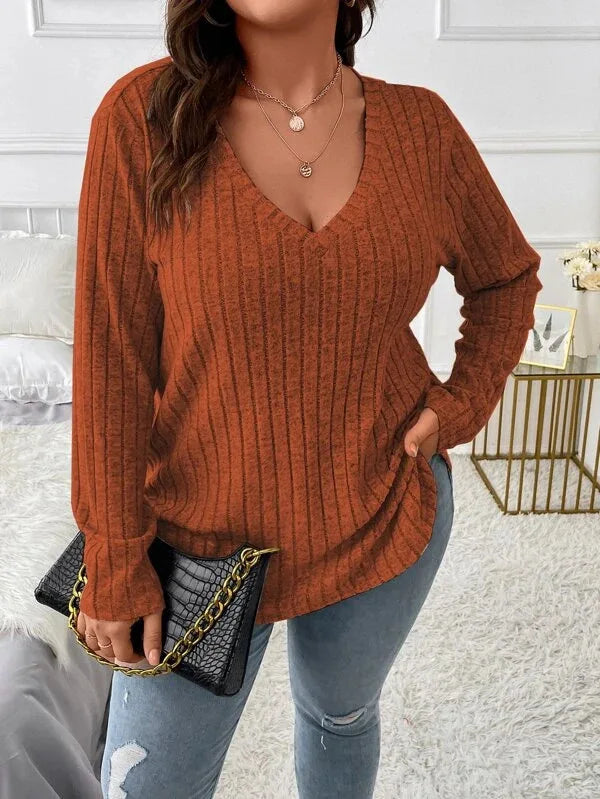 GIBSIE Plus Size Women's Casual V-Neck Long Sleeve Tees Shirt 2024 Spring Autumn Fashion Loose Ribbed Knit Tops for Women