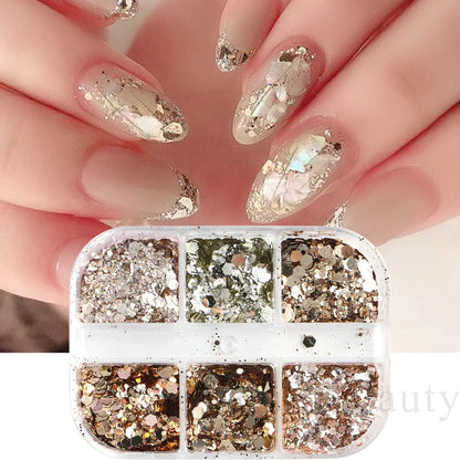 Glitter Champagne Nail Sequins Sliver Reflective Effect Flakes Wedding Nail Charm Paillette Manicure Decorations LA1909-48