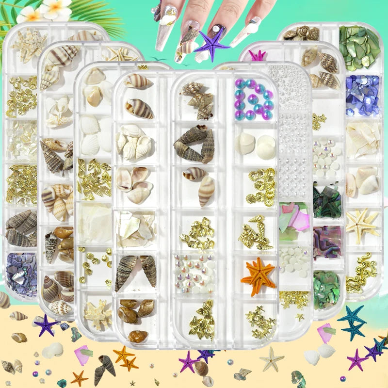 12-Grids Shell Starfish Conch Stone Nail Art Charms Sea Series 3D Irregular Slice Fragments Flakes Nail Art Rhinestones