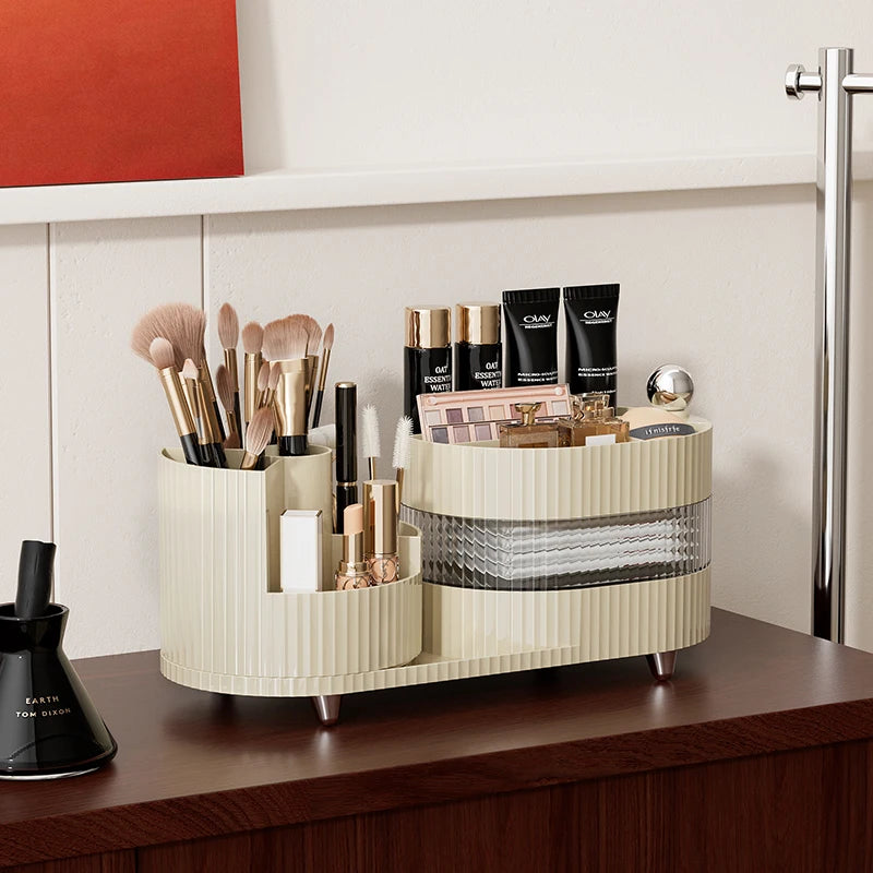 The Desktop Can Be Rotated Cosmetics Storage Box, Dresser Large Capacity Makeup Brush, Eyeshadow And Lipstick Compartment Shelf