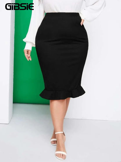 GIBSIE Plus Size Elegant Ruffle Hem Bodycon Black Skirt Women 2024 Spring Summer Fashion Office Ladies High Waist Midi Skirts