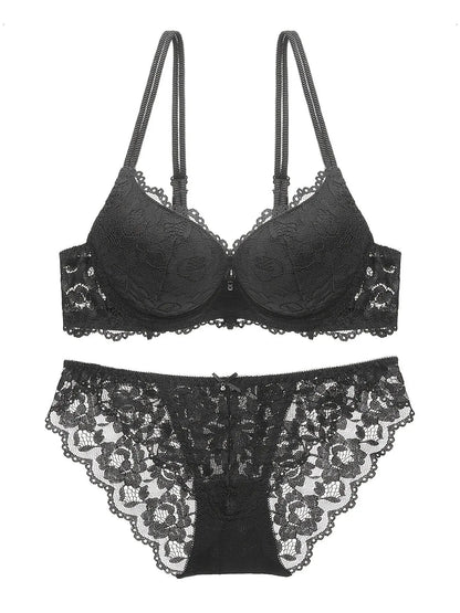 1 Set Elegant Lace Embroidery & Breathable Fabric Lingerie Set: Push-Up Bra, Drop Waist Sheer Panty - Ultimate Valentine's Day