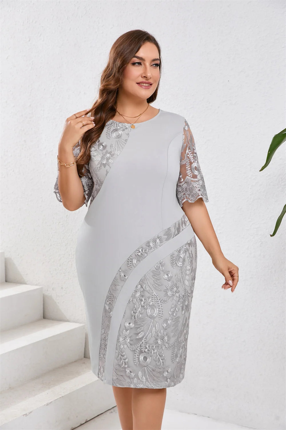 GIBSIE Plus Size Embroidered Lace Half Sleeve O-Neck Dress Women's Summer Autumn Cocktail Party Elegant Bodycon Midi Dresses