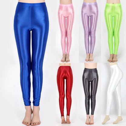 Hot Sale Women'S Shiny Leggings Women'S Solid Color Seamless Skinny Thin Full Ankle Length Leggings Stretch Pants Trousers