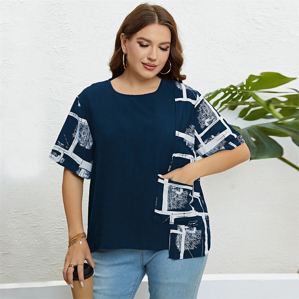 GIBSIE Plus Size Patch Pocket Loose Print T Shirt Women Summer New Fashion Korean O-Neck Short Sleeve Female Casual Tops 2023