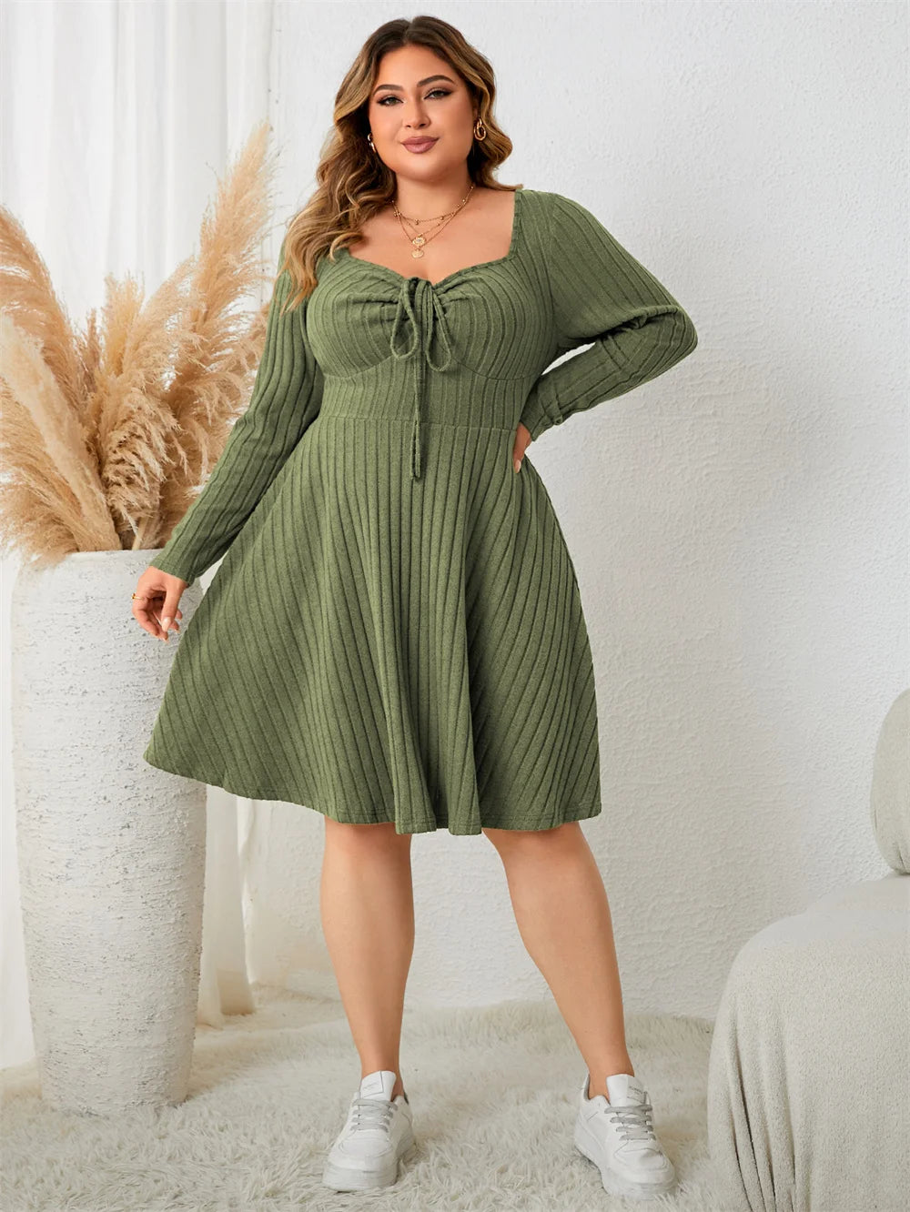 GIBSIE Plus Size Sweettheart Neck Knot Front A-Line Dress Women Fall New Vintage Long Sleeve Ribbed Knit Casual Winter Dresses