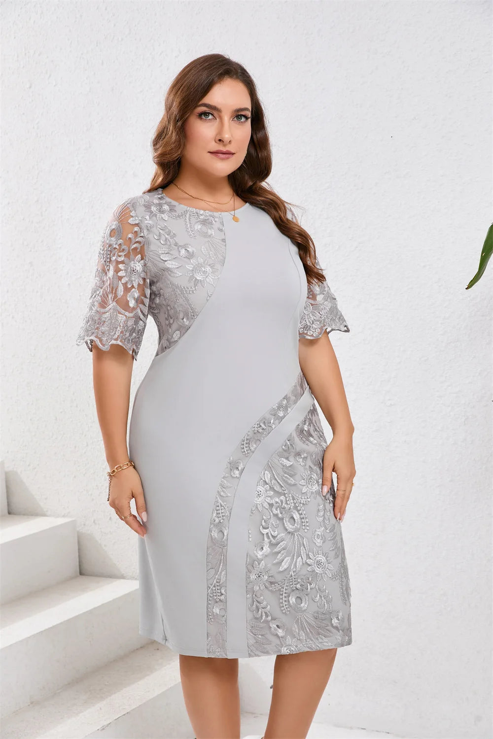 GIBSIE Plus Size Embroidered Lace Half Sleeve O-Neck Dress Women's Summer Autumn Cocktail Party Elegant Bodycon Midi Dresses