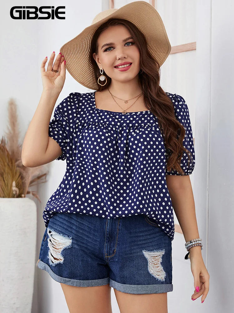 GIBSIE Plus Size Polka Dot Square Neck Puff Sleeve Top Blouse Women Boho 2024 Summer Korean Fashion Loose Blouses 3XL 4XL