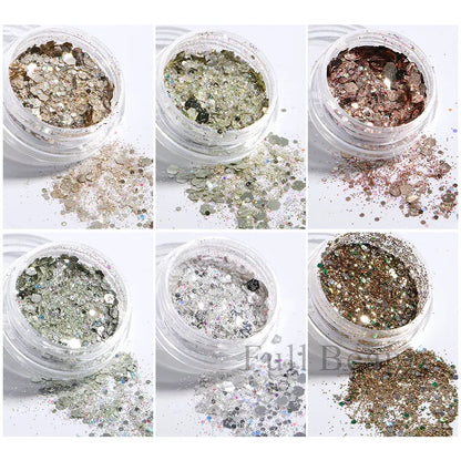 6pcs Champagne Rose Nail Glitter Flakes Mixed Hexagon Sequins Powder Fall Winter Mermaid Paillette Nail Decorations LA1539-52