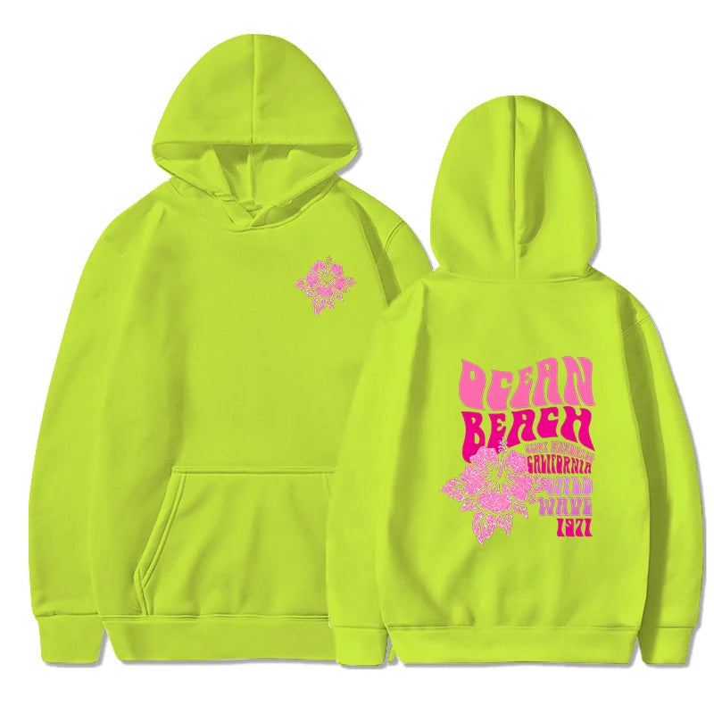 Women Fashion Casual Hoodies Ocean Beach Flower Slogan Front and Back Pink Sweatshirts Beach Aesthetic Pullover Trip Hoodie Tops