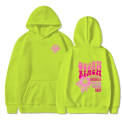 Women Fashion Casual Hoodies Ocean Beach Flower Slogan Front and Back Pink Sweatshirts Beach Aesthetic Pullover Trip Hoodie Tops