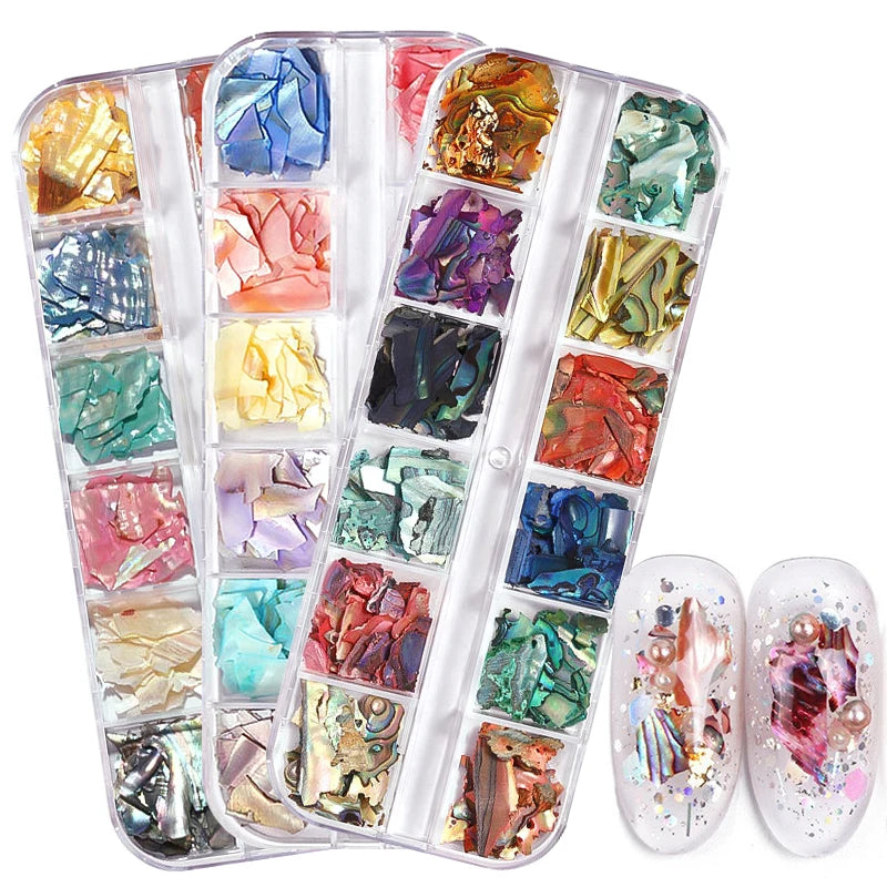 12Grids Glitter Mica Shell Nail Decoration Slice Texture Nail Sequins Broken Glass Mica Glitter Nails Accessories