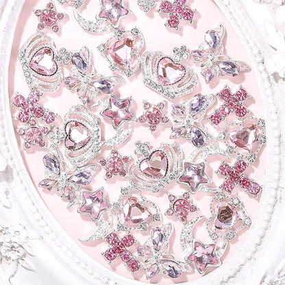 30Pcs Pink Nail Charms Alloy Rhinestones 3D Star Butterfly Heart Cross Gem Nails Crystal Diamond Nail Art Decoration Accessories