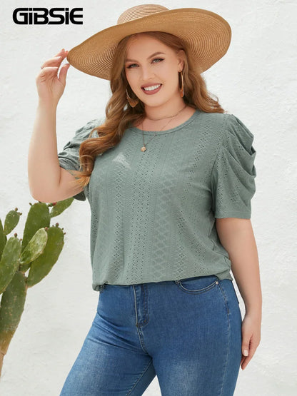 GIBSIE Plus Size Solid O-Neck Leg of Mutton Sleeve Blouse Women Fashion 2023 New Summer Office Casual Women's Blouses Tops